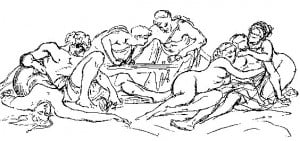 Gustave Boulanger, Scène d'orgie, dessin à encre noire sur papier quadrillé (1865)