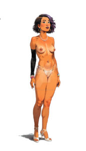 Femme debout, nue sauf un slip et des gants de soirée au bras droit.