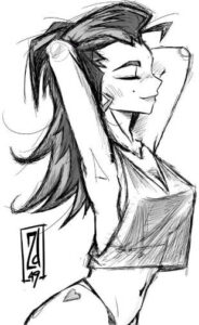 A girl standing in a tanktop, arms behind the head.