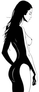 Une femme nue, debout, vue de profil, la moitié de son corps à l'ombre.